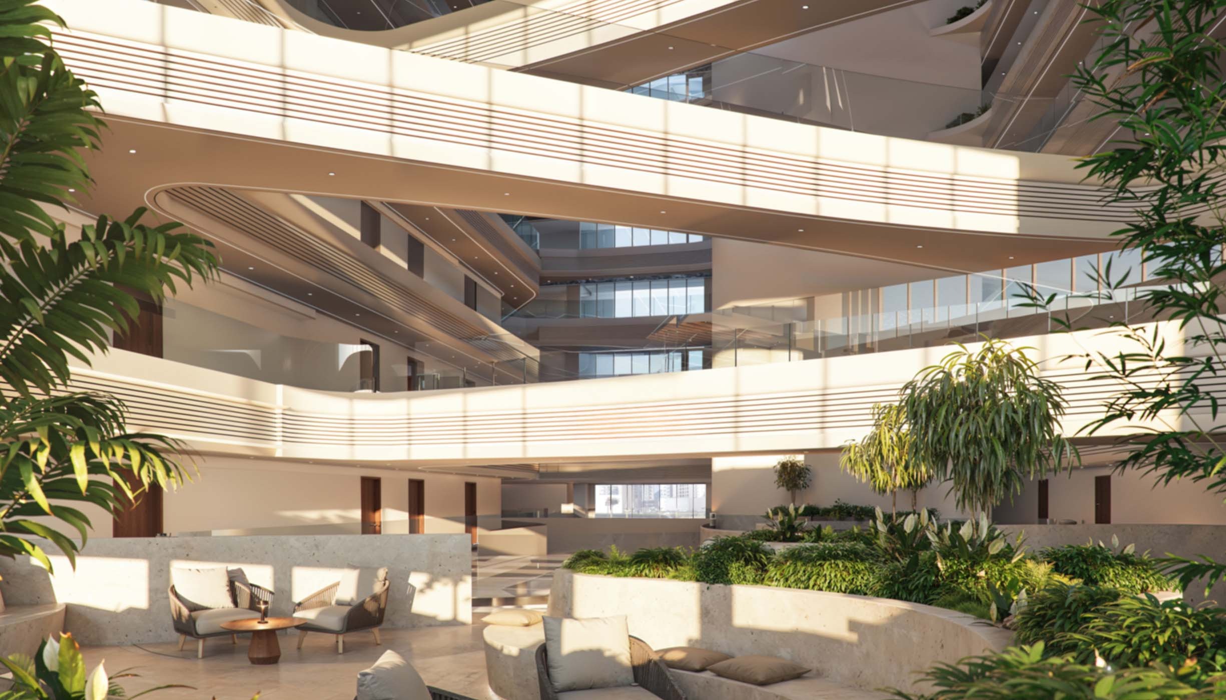 KORO One internal atrium lounge with greenery